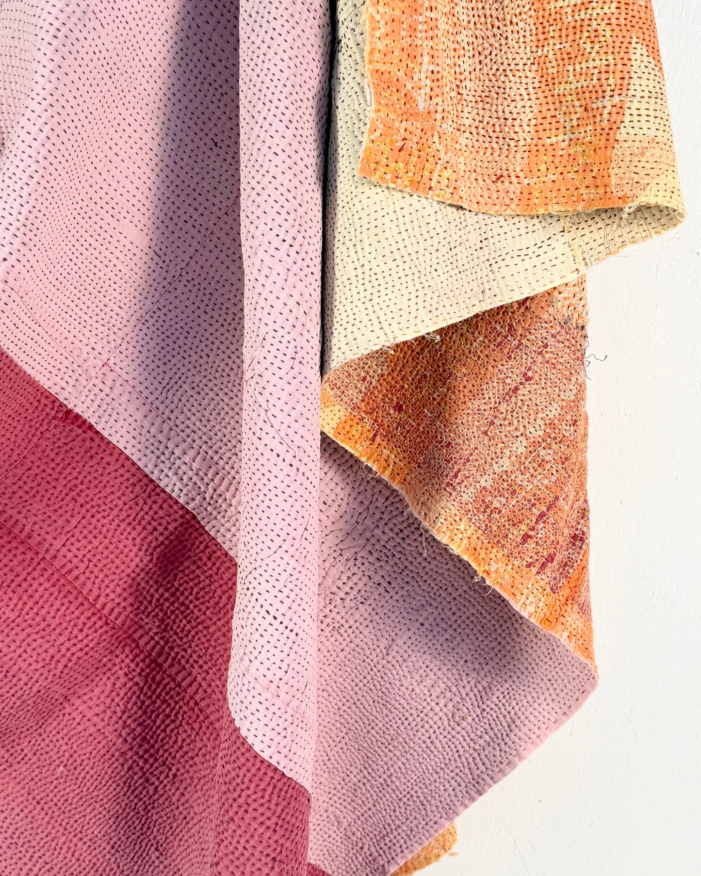 Extra Large Textured Vintage Kantha Quilt in Pink Colour Block and Peachy Pastels