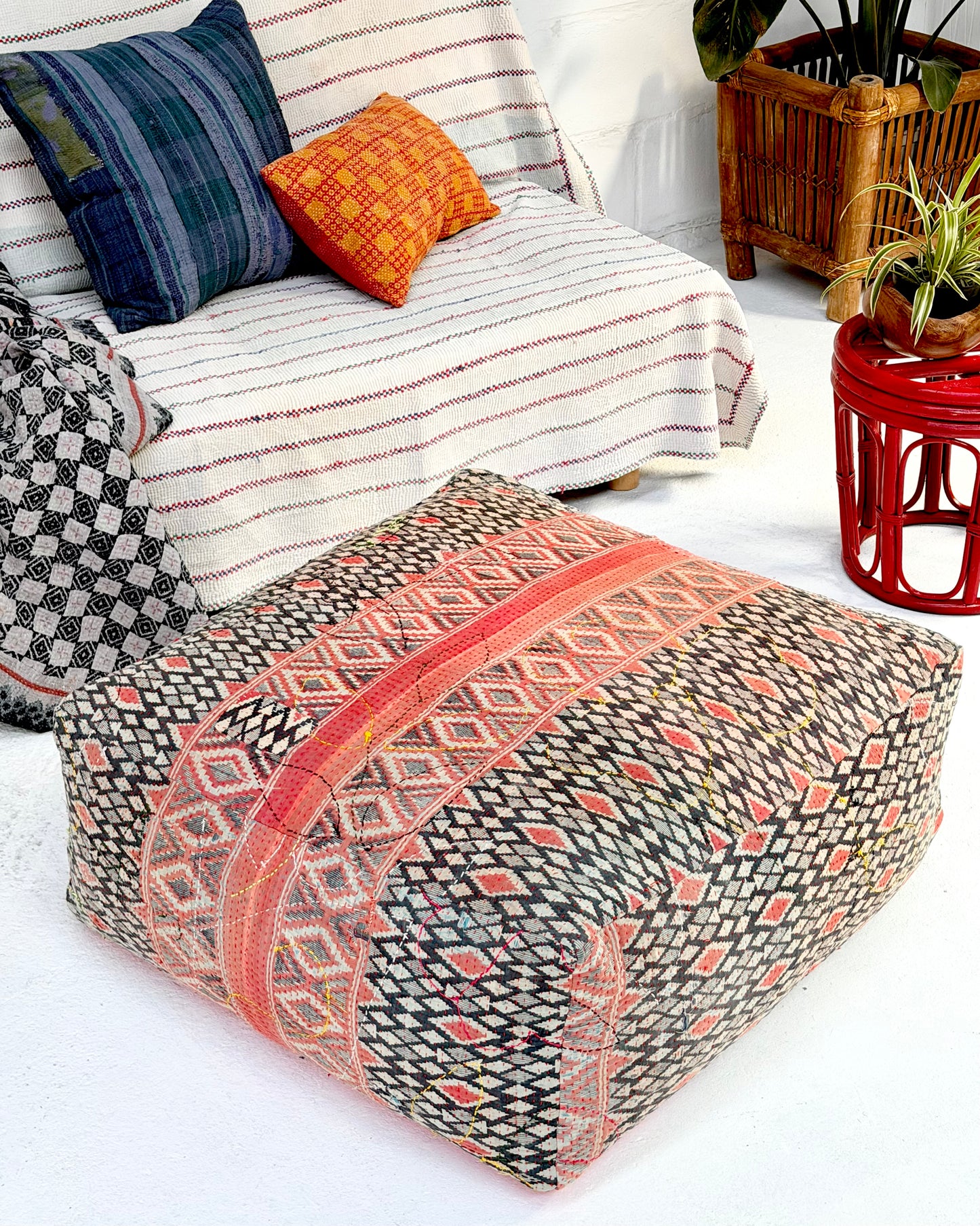 Extra Large Square Kantha Pouf Cushion Cover With Red and Navy Block Print