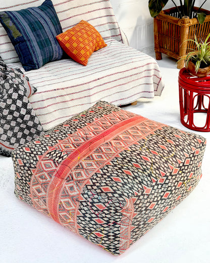 Extra Large Square Kantha Pouf Cushion Cover With Red and Navy Block Print
