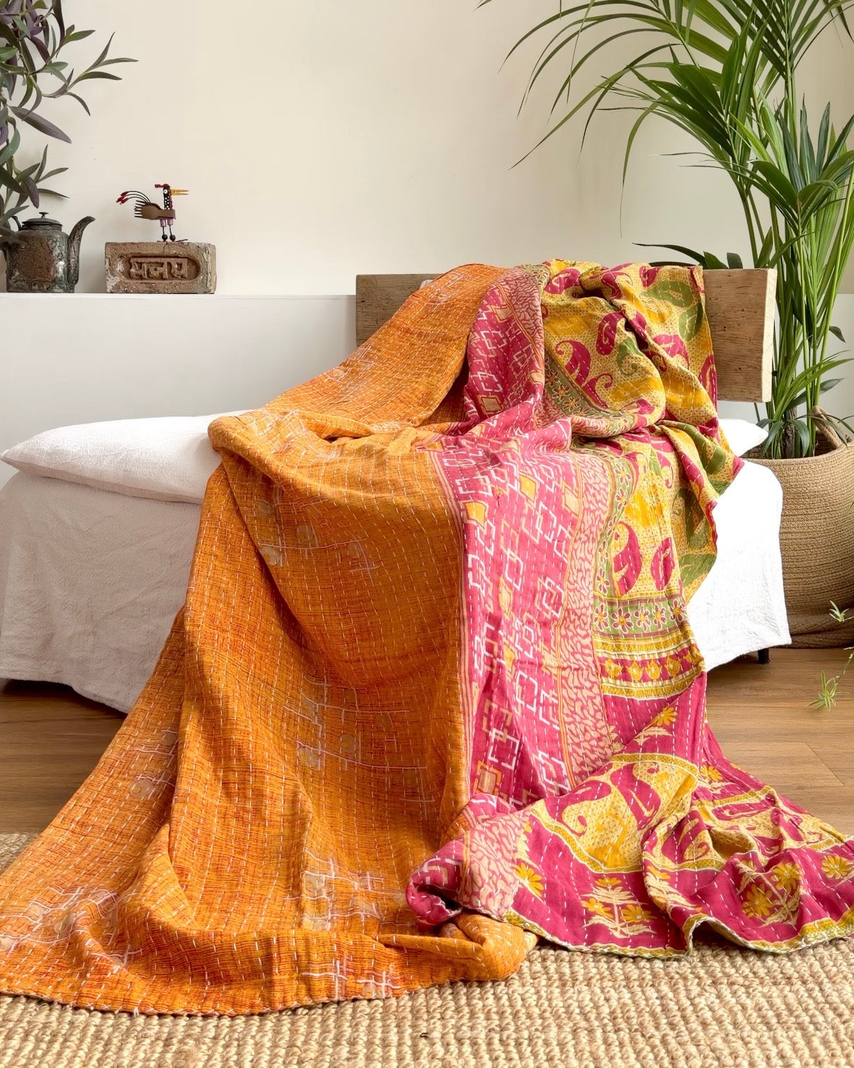 Vintage Cotton Kantha Quilt In Yellow And Pink #39