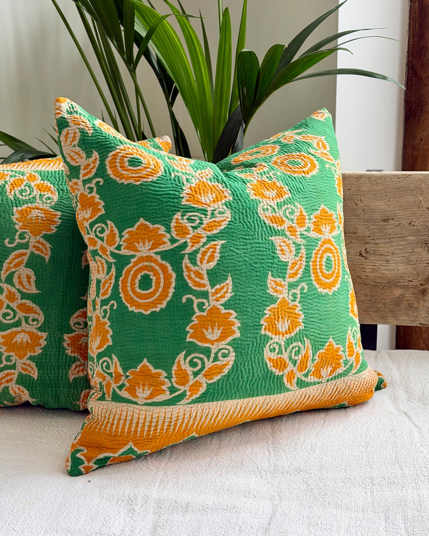 Vintage Kantha Cushion In Green and Orange- 45cm Square