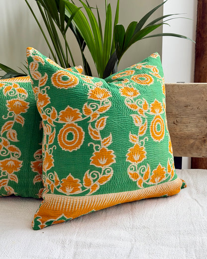 Vintage Kantha Cushion In Green and Orange- 45cm Square