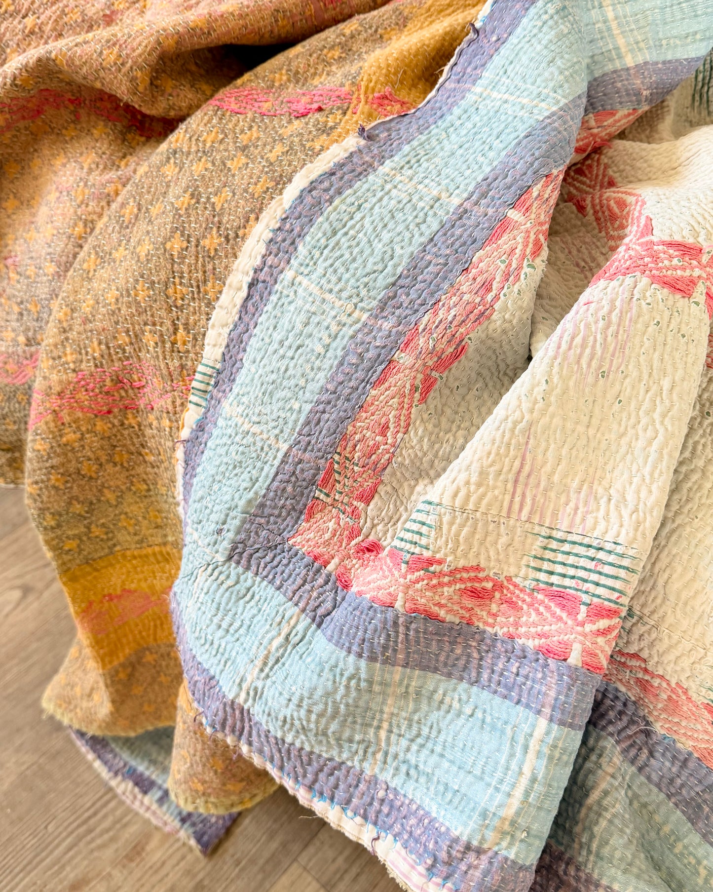 Embroidered Vintage Kantha Quilt in Yellow, Pink and White