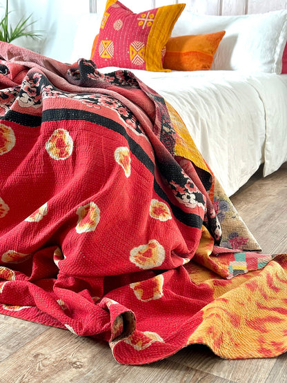 Fine Stitched Embroidered Vintage Kantha Quilt in Multicolour Print - Biggs & Hill