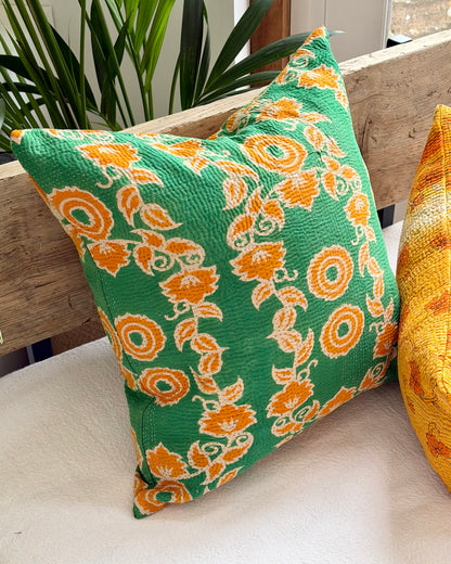 Vintage Kantha Cushion In Green and Orange- 45cm Square