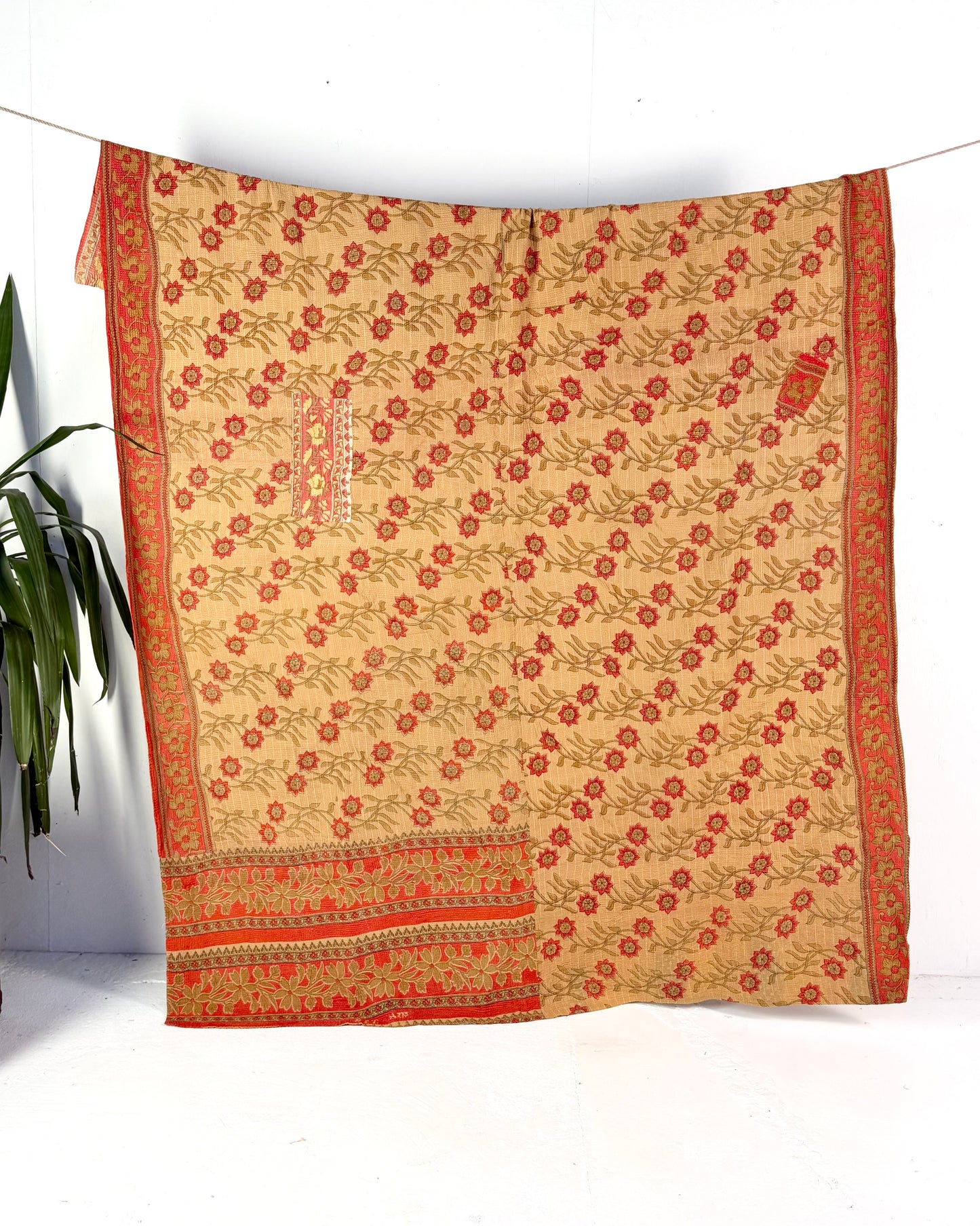 Large Fine Stitched Vintage Kantha Quilt in Orange and Beige