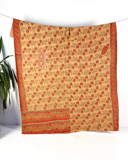 Large Fine Stitched Vintage Kantha Quilt in Orange and Beige
