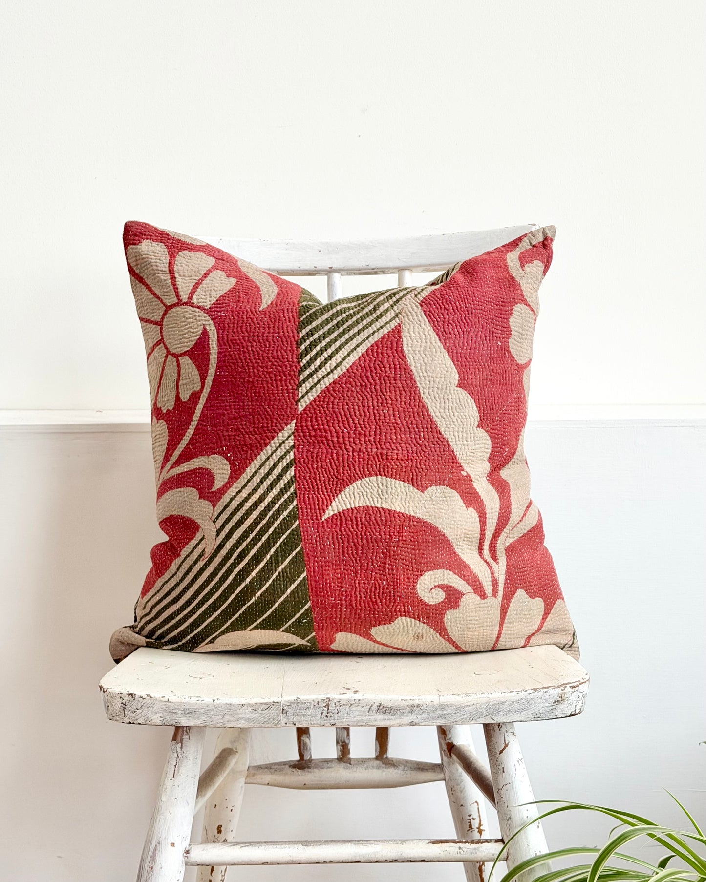 Vintage Kantha Cushion In Green and Pink- 45cm Square