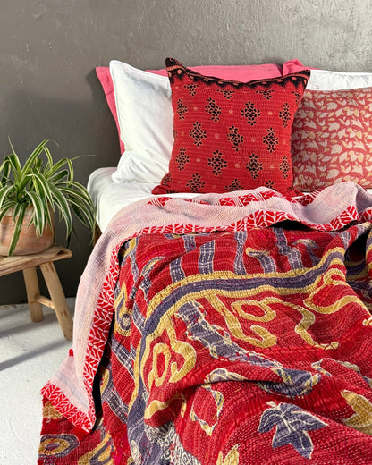 Embroidered Vintage Kantha Quilt in Red and Lilac - Biggs & Hill