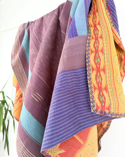 Extra Large Fine Stitched Vintage Kantha Quilt in Mustard Yellow, Red and Blue