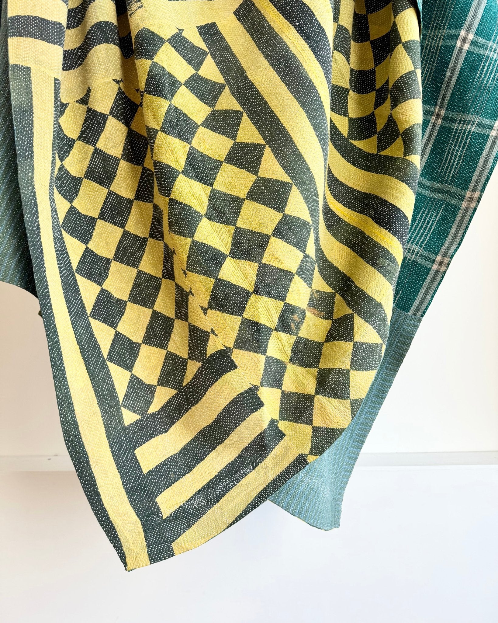 Large Fine Stitched Vintage Kantha Quilt in Diamond Pattern Yellow and Green - Biggs & Hill