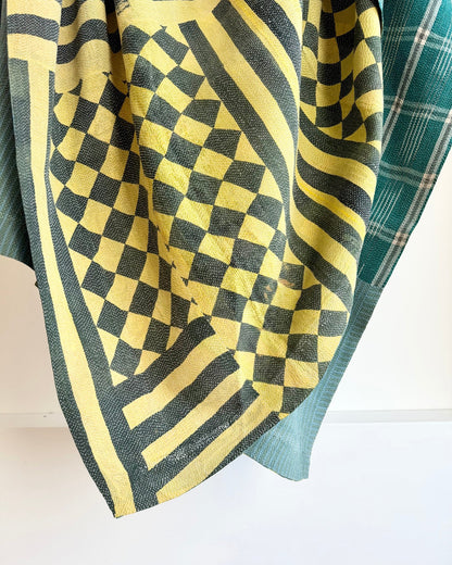 Large Fine Stitched Vintage Kantha Quilt in Diamond Pattern Yellow and Green - Biggs & Hill