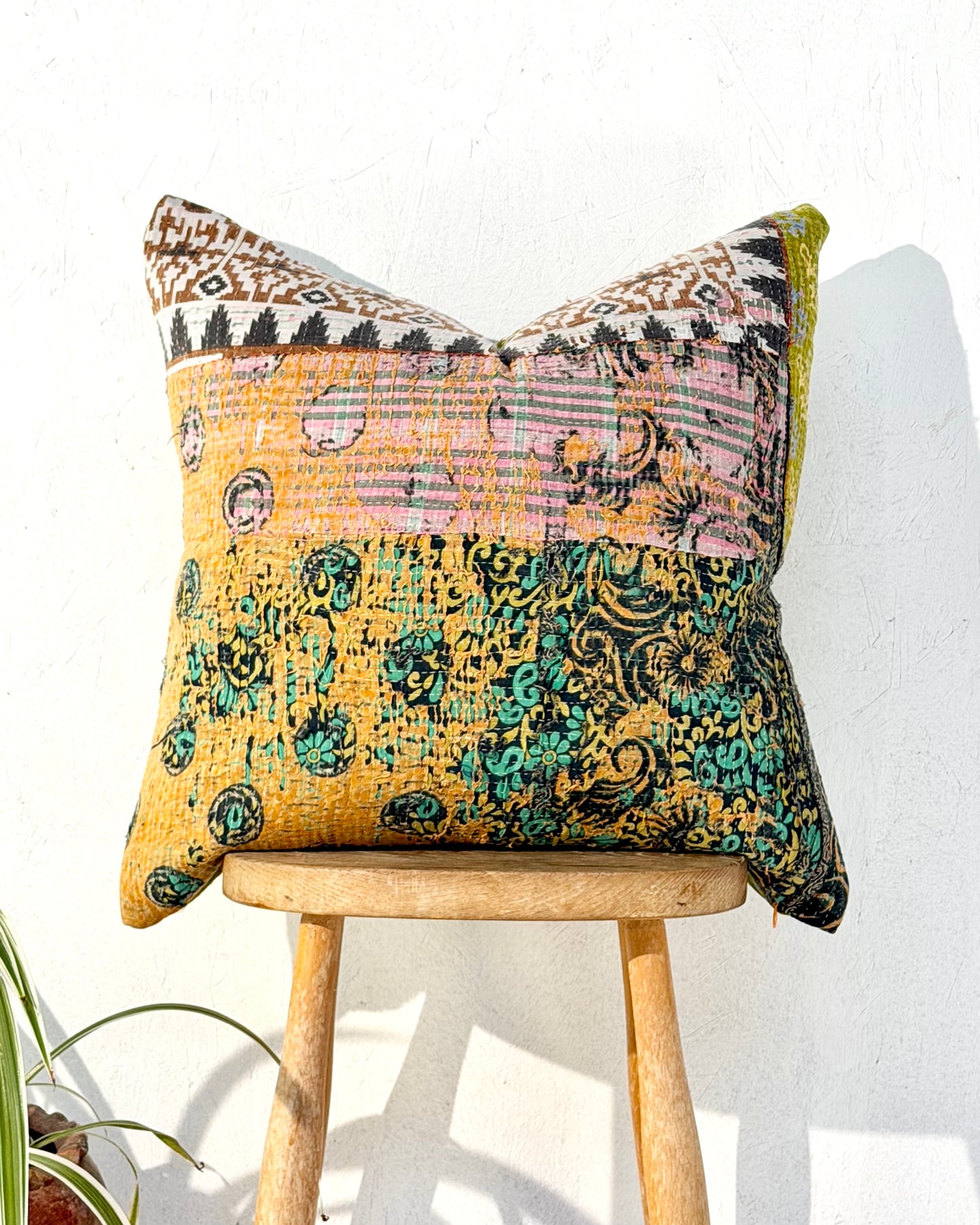 Handmade Vintage Kantha Cushion Cover In Textured Orange and Green - 50cm Square