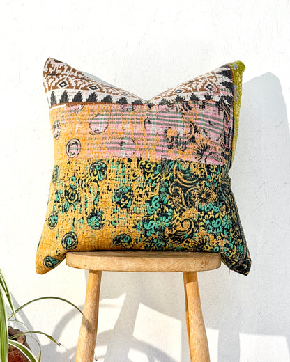 Handmade Vintage Kantha Cushion Cover In Textured Orange and Green - 50cm Square