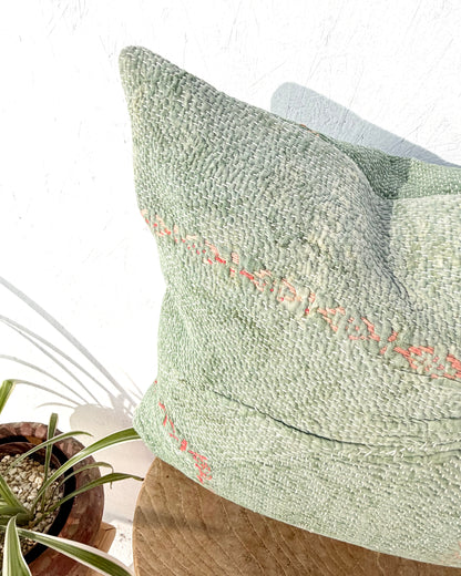Vintage Kantha Cushion Cover In Soft Green With Orange Embroidery - 45cm Square