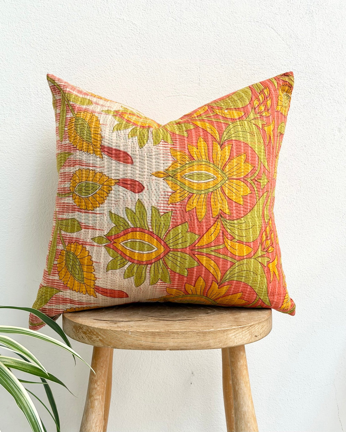 Handmade Vintage Kantha Cushion Cover In Retro Floral - 45cm (18") - Biggs & Hill