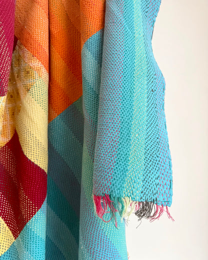 Large Heavy Kantha Blanket Quilt in Pink, Orange and Blue Colour Block