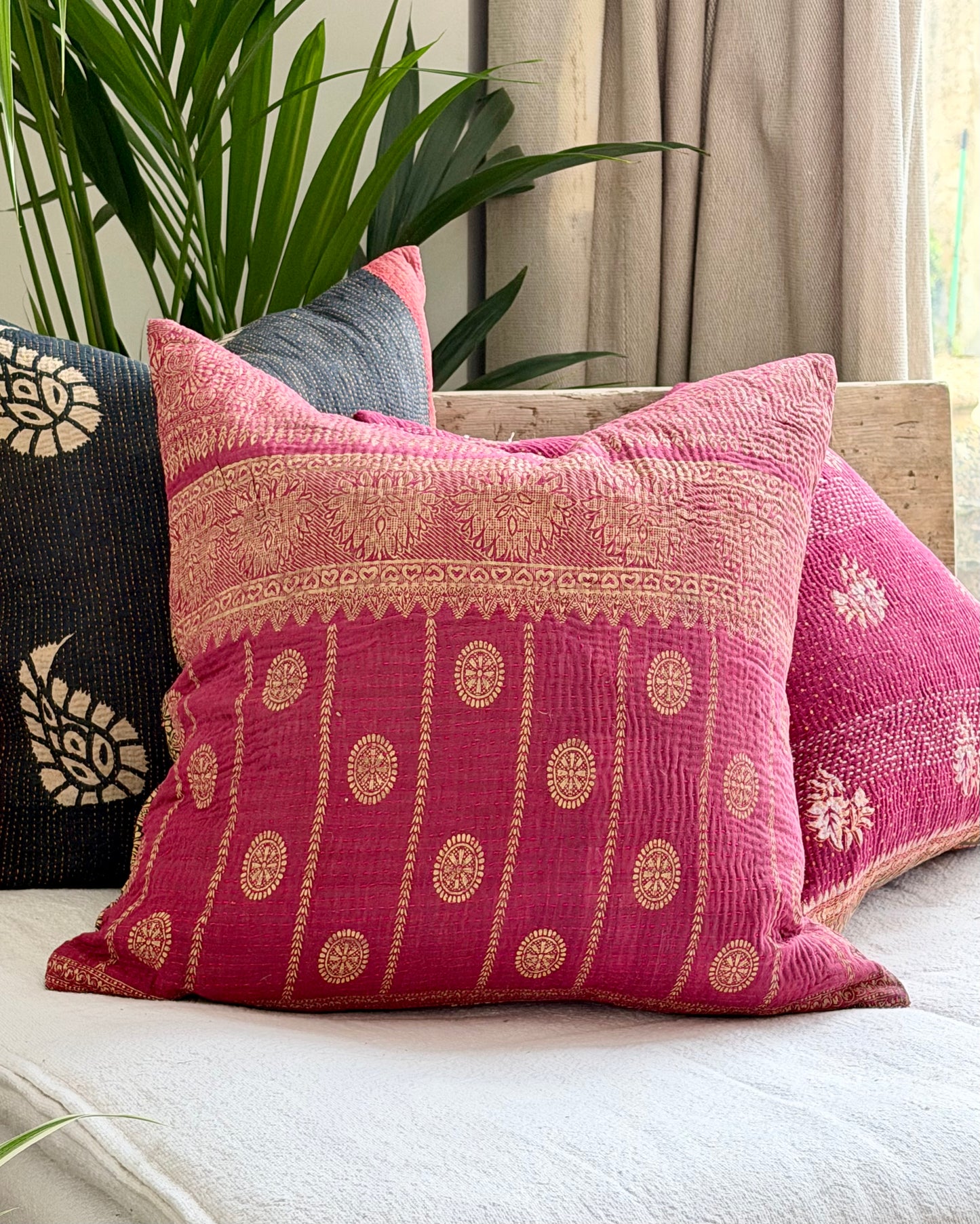 Vintage Kantha Cushion In Burgundy and Gold Dots - 45cm Square