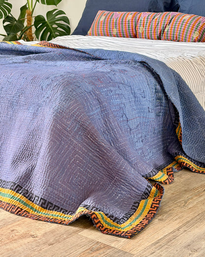 Indigo Print Kantha Quilt With Border