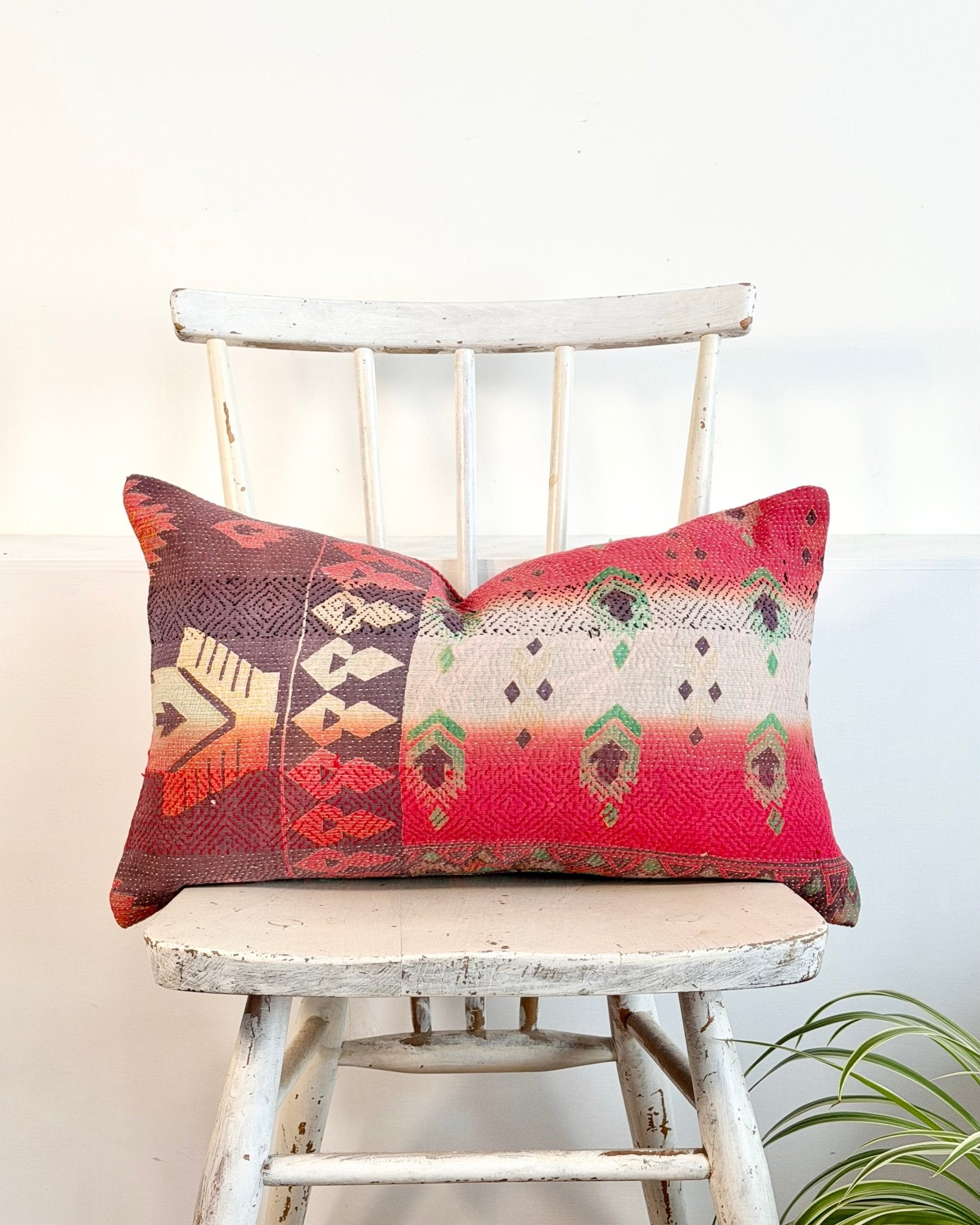 Vintage Kantha Cushion In Geometric Pink and Purple - Small Rectangular - Biggs & Hill