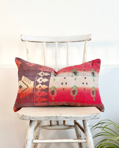 Vintage Kantha Cushion In Geometric Pink and Purple - Small Rectangular - Biggs & Hill