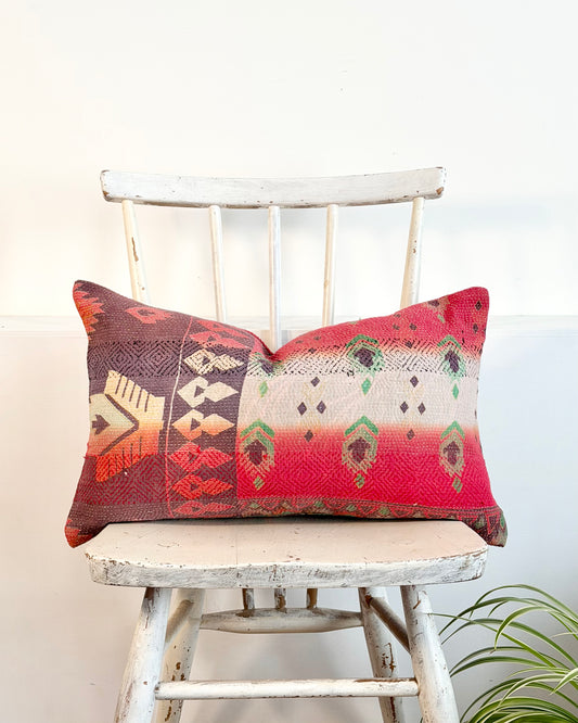 Vintage Kantha Cushion In Geometric Pink and Purple - Small Rectangular