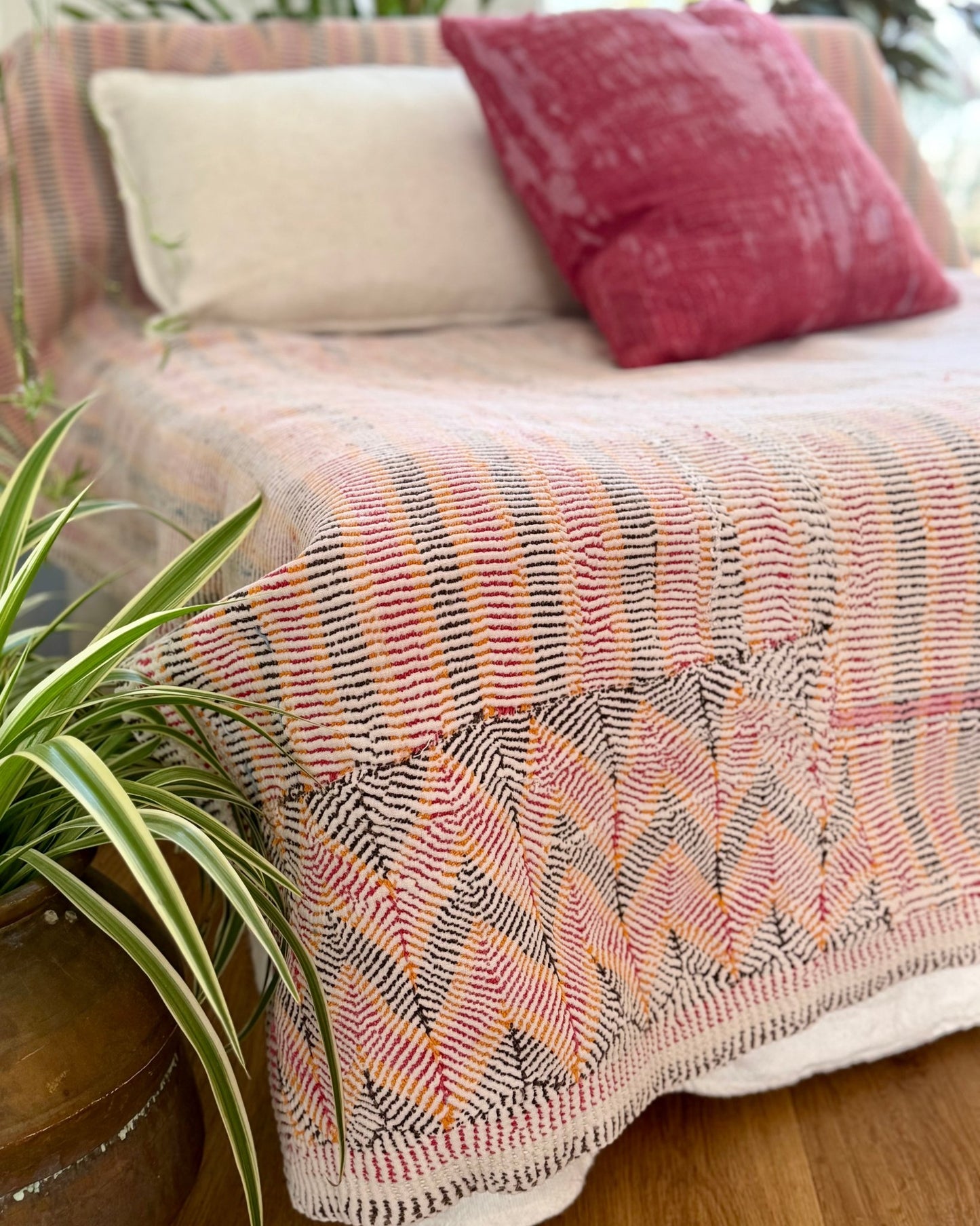 Small Heavy Vintage Lohori Kantha Quilt in Pink and Yellow Stripes - Biggs & Hill