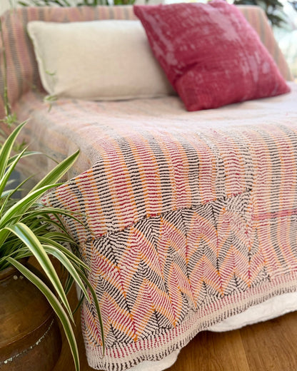 Small Heavy Vintage Lohori Kantha Quilt in Pink and Yellow Stripes - Biggs & Hill
