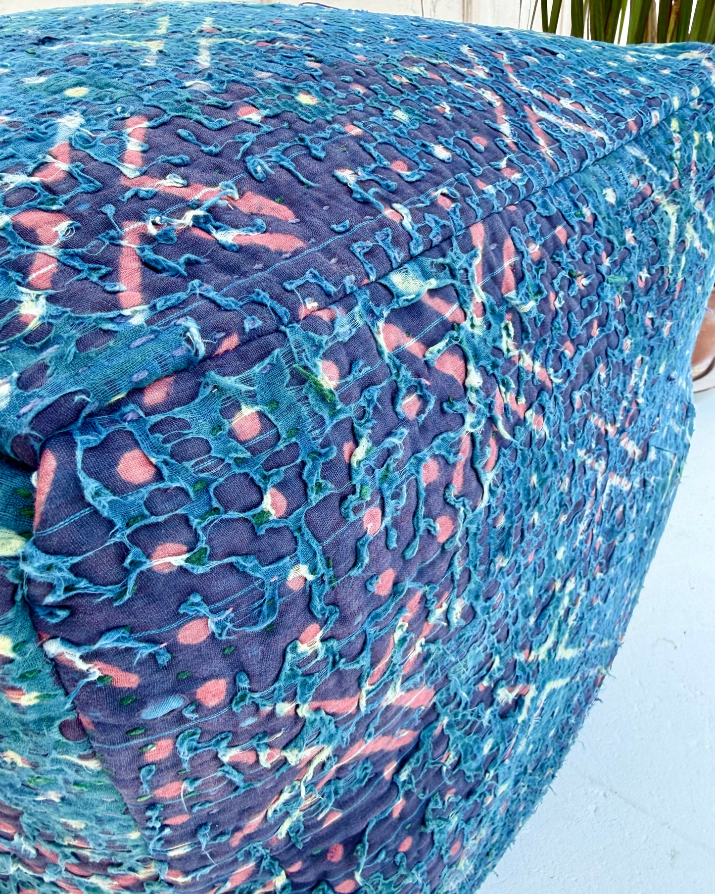 Cube Kantha Pouf Cushion Cover With Indigo Block Print