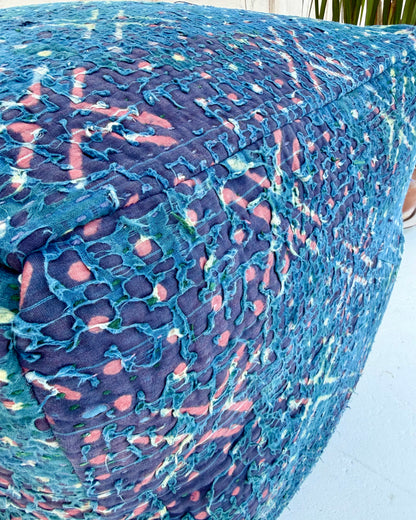Cube Kantha Pouf Cushion Cover With Indigo Block Print