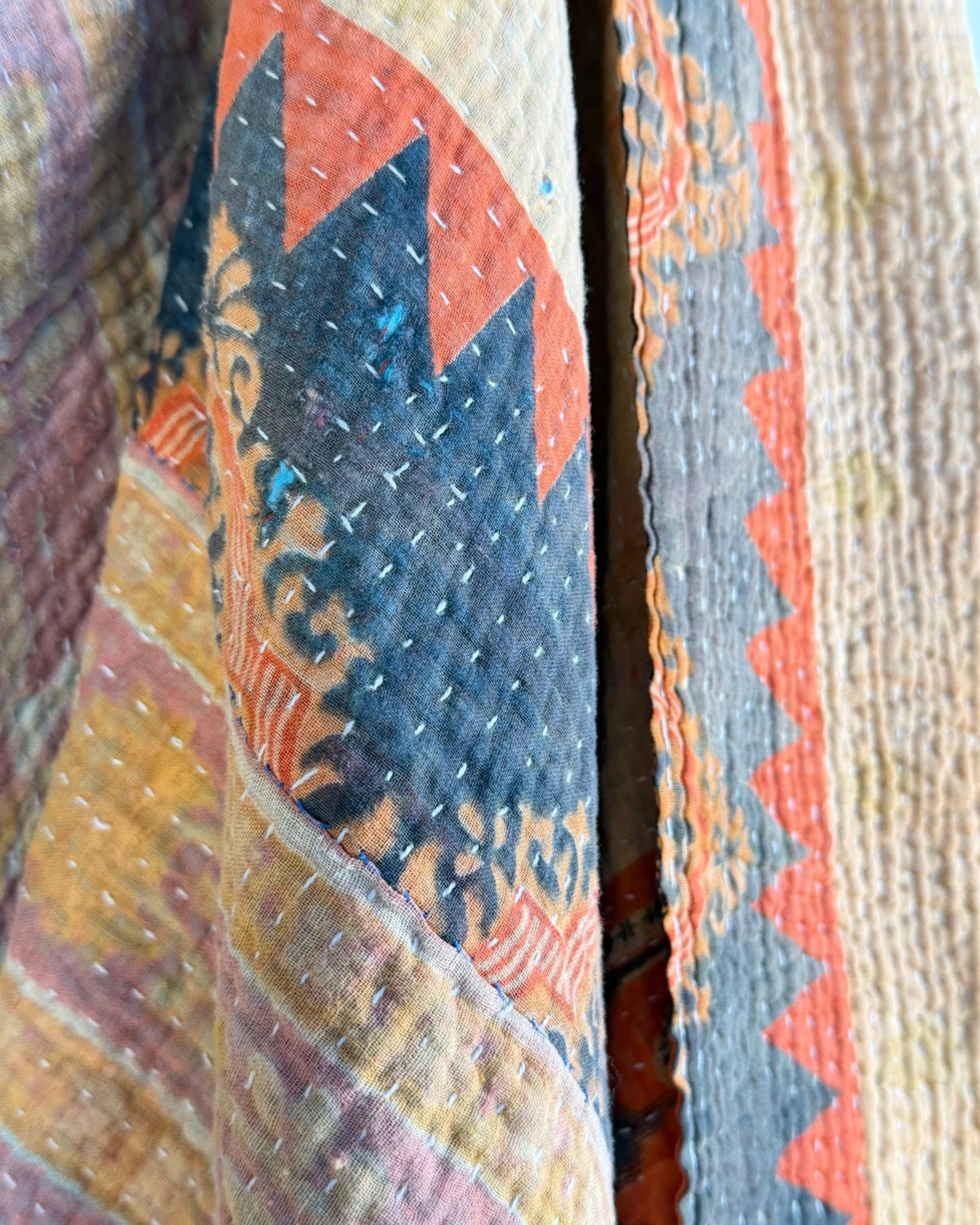 Fine Stitched Vintage Kantha Quilt in Beige and Orange Zig Zags - Biggs & Hill