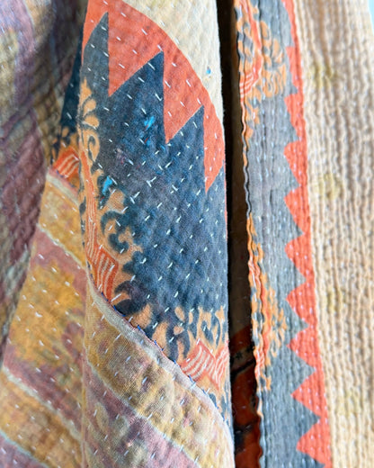 Fine Stitched Vintage Kantha Quilt in Beige and Orange Zig Zags - Biggs & Hill