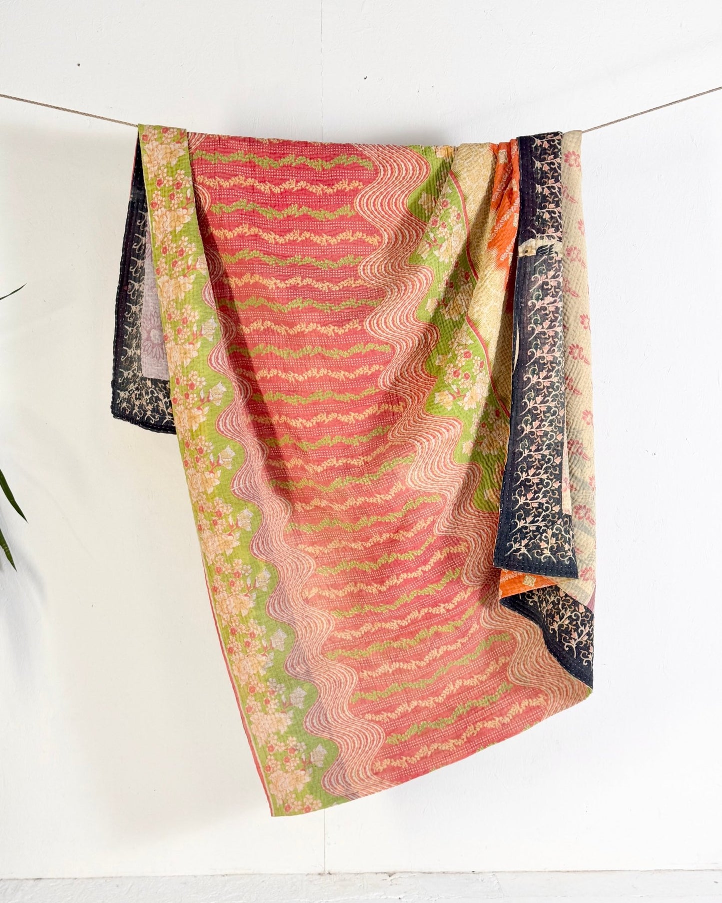 Large Fine Stitched Vintage Kantha Quilt in Orange, Green, Lilac and Yellow - Biggs & Hill