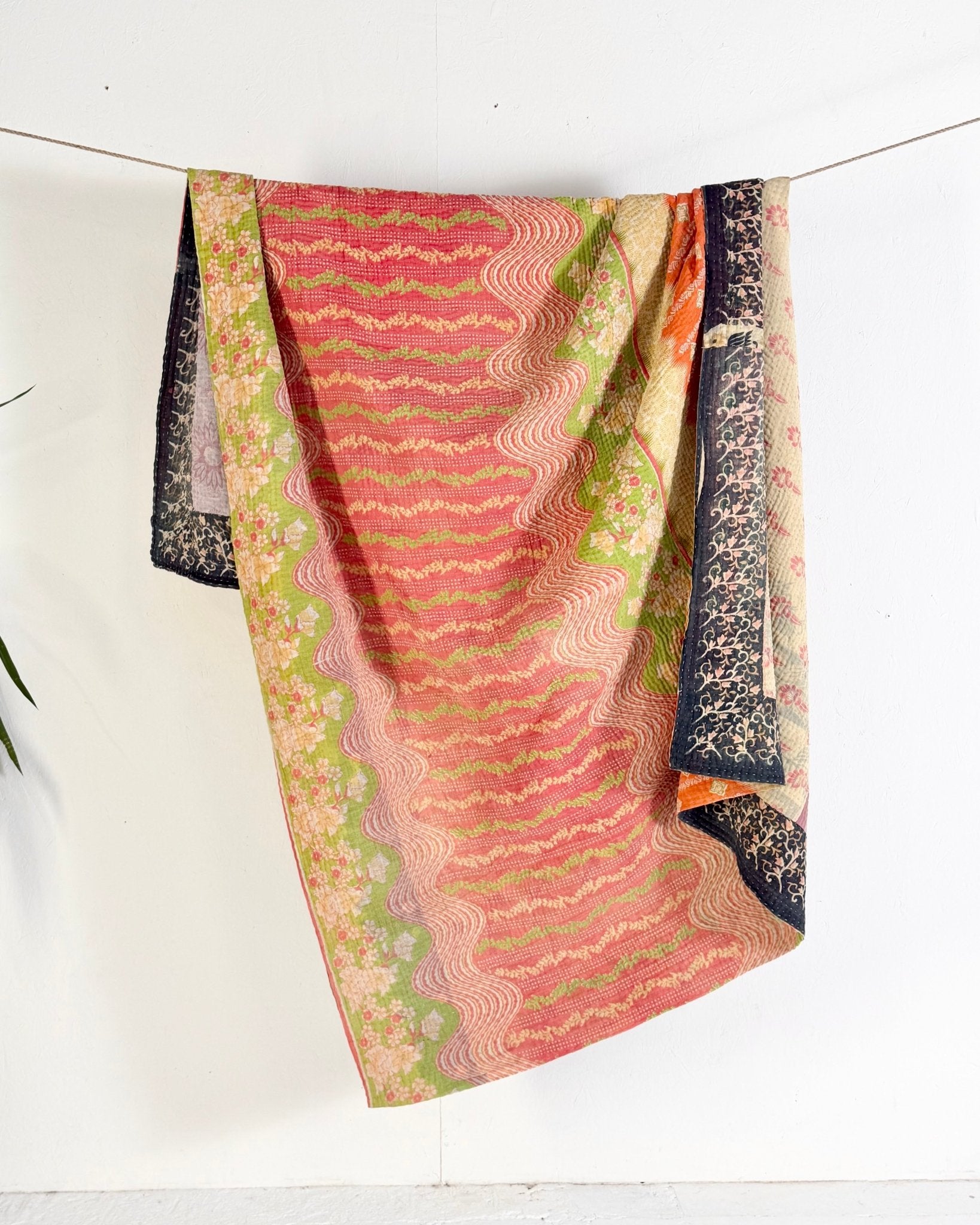 Large Fine Stitched Vintage Kantha Quilt in Orange, Green, Lilac and Yellow - Biggs & Hill