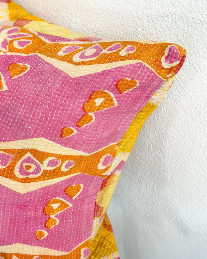 Handmade Reversible Vintage Kantha Cushion Cover In Pink and Yellow- 45cm (18") - Biggs & Hill