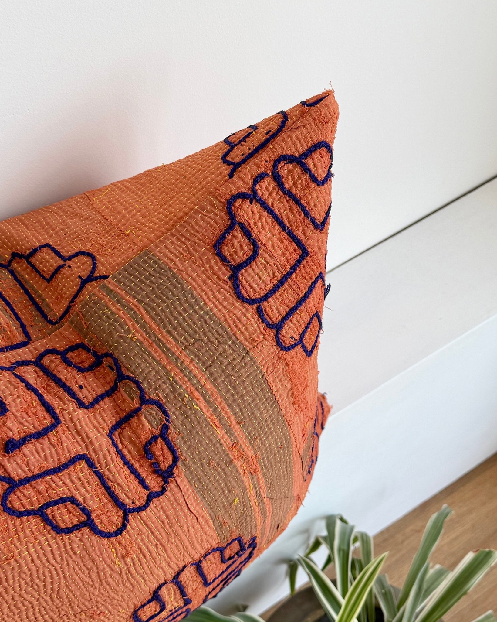 Vintage Kantha Cushion In Terracotta 05 - 50cm Square - Biggs & Hill