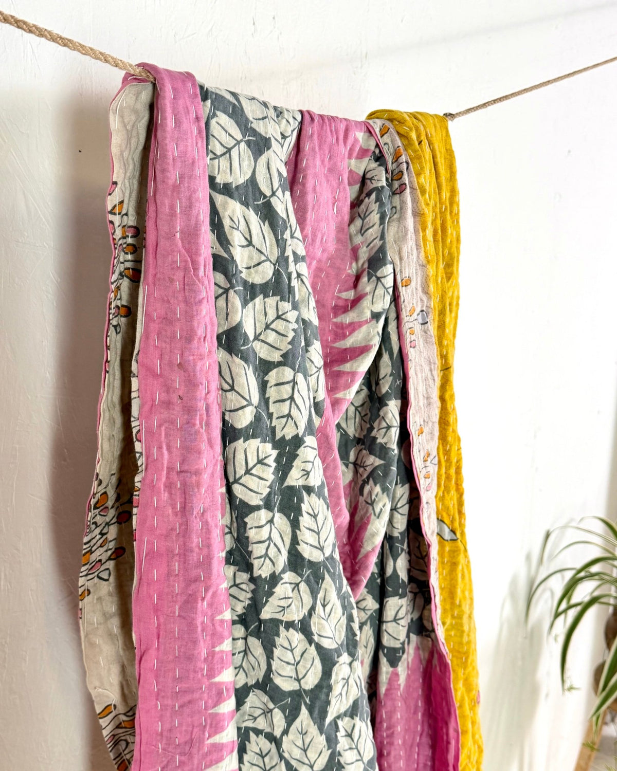 Vintage Cotton Kantha Quilt In Yellow and Pink 10 - Biggs & Hill