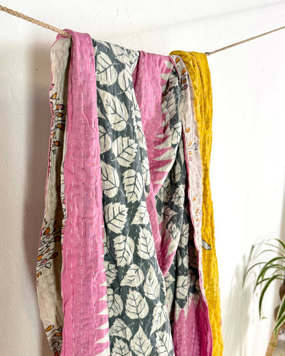 Vintage Cotton Kantha Quilt In Yellow and Pink 10 - Biggs & Hill