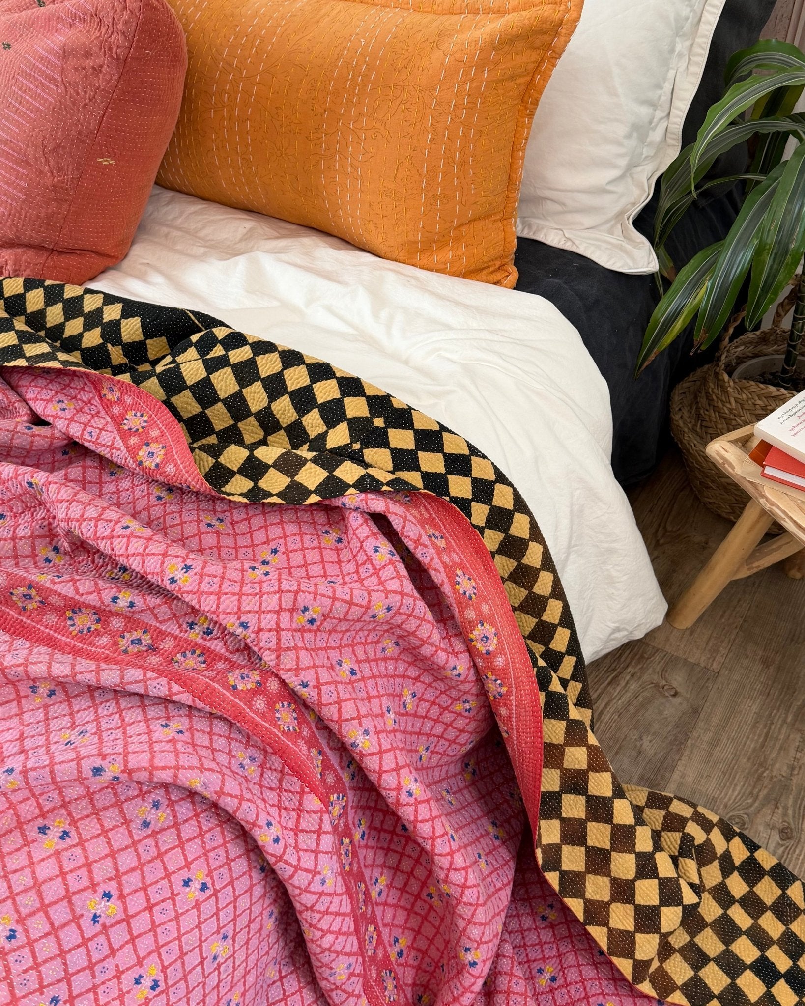Large Fine Stitched Vintage Kantha Quilt in Chequered Yellow and Black and Pink - Biggs & Hill