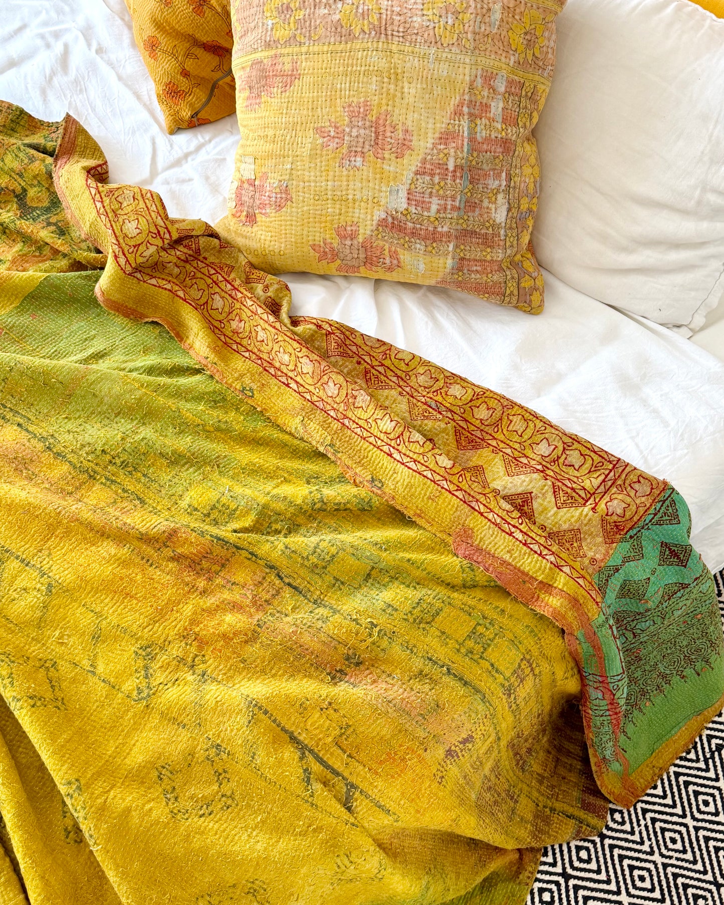 Extra Large Ajrakh Printed Vintage Kantha Quilt In Green-Gold