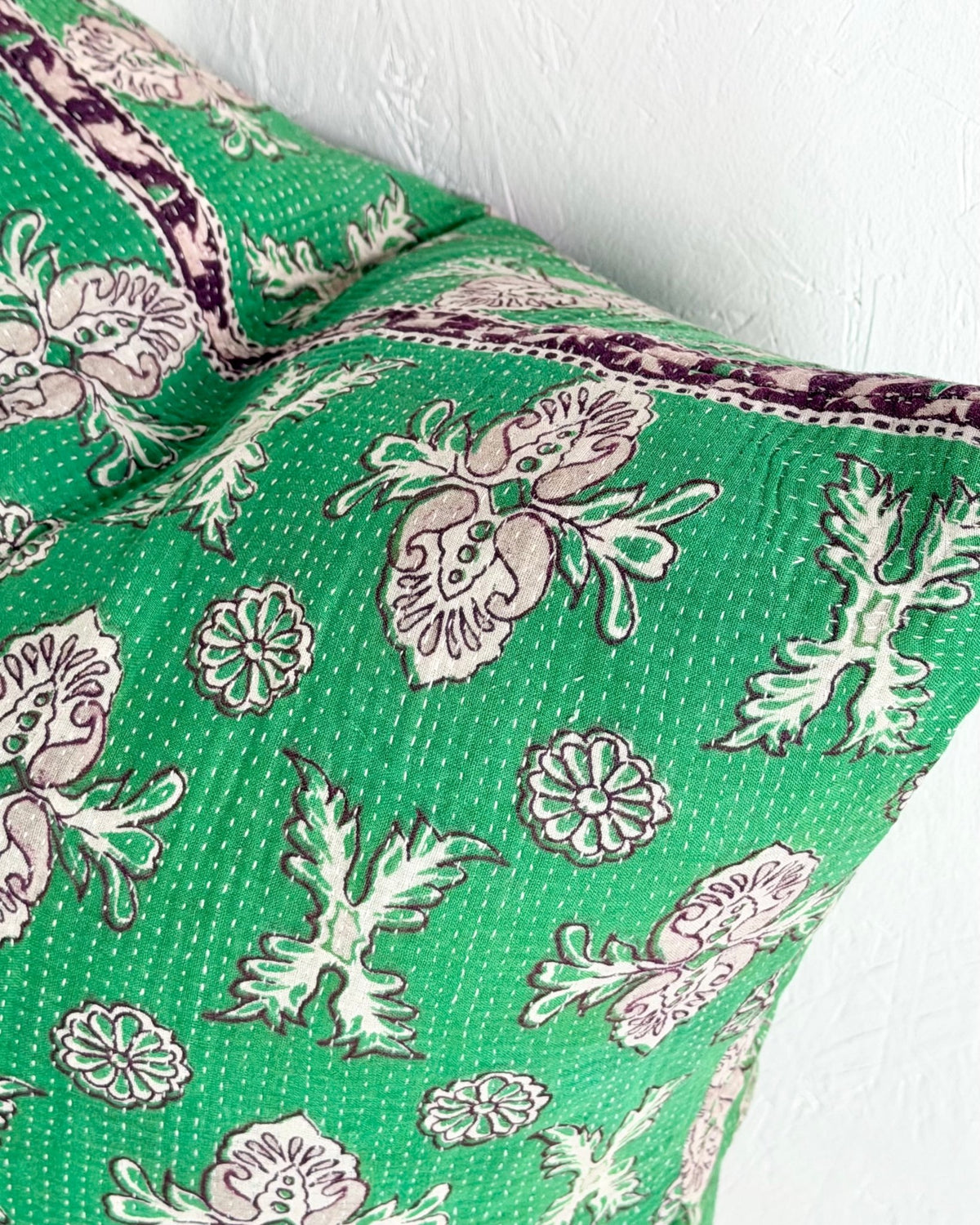 Handmade Vintage Kantha Cushion Cover In Green Floral - 45cm (18") Square - Biggs & Hill