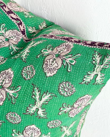 Handmade Vintage Kantha Cushion Cover In Green Floral - 45cm (18") Square - Biggs & Hill