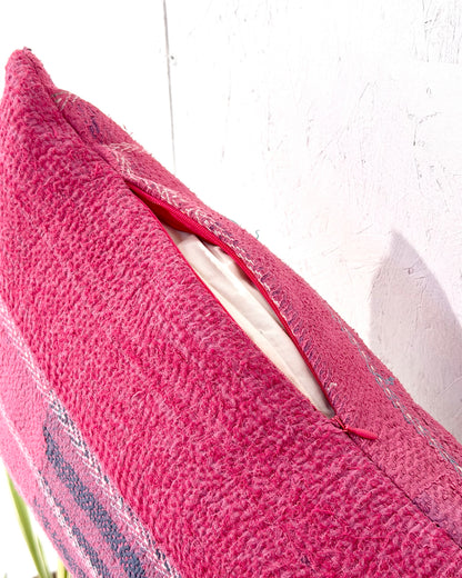 Vintage Kantha Bolster Cushion Cover In Pink With Embroidered Stripes - 80cm