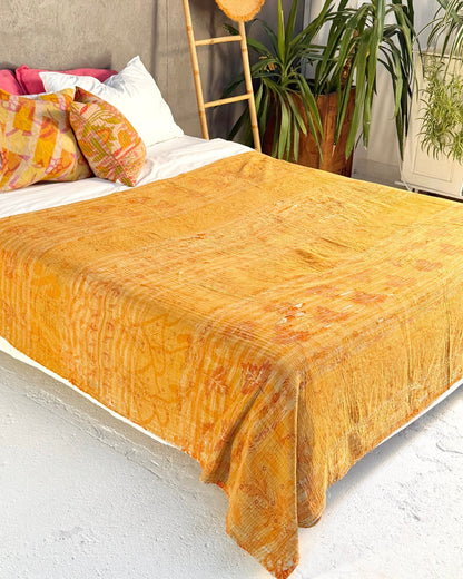 Large Fine Stitched Vintage Kantha Quilt in Yellow and Orange - Biggs & Hill