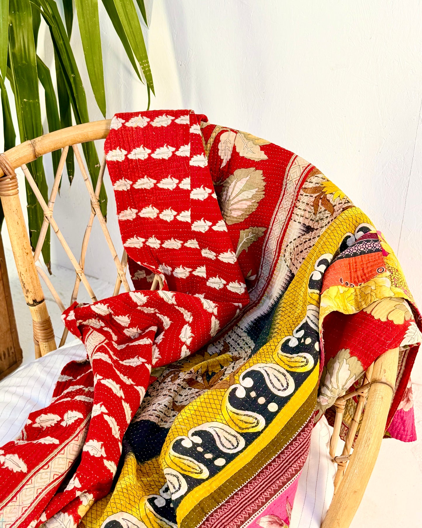 Large Fine Stitched Vintage Kantha Quilt in Pink, Red and Yellow