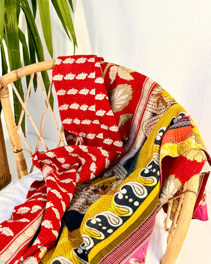 Large Fine Stitched Vintage Kantha Quilt in Pink, Red and Yellow