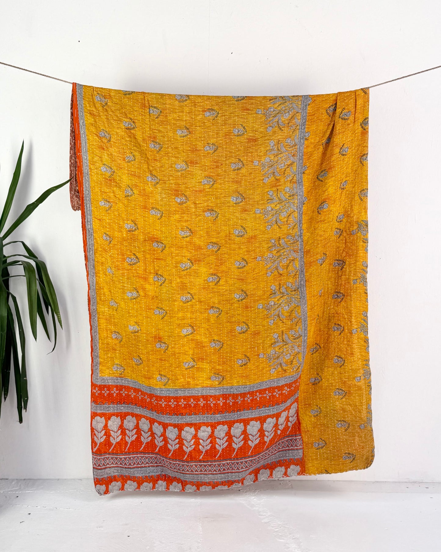 Vintage Cotton Kantha Quilt In Orange, Yellow and Brown #51