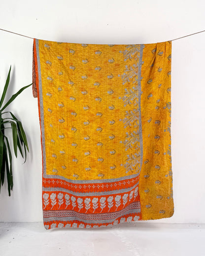 Vintage Cotton Kantha Quilt In Orange, Yellow and Brown #51