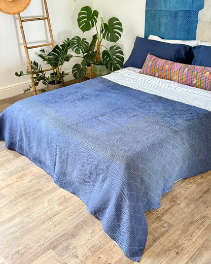 Indigo Print Kantha Quilt With Border