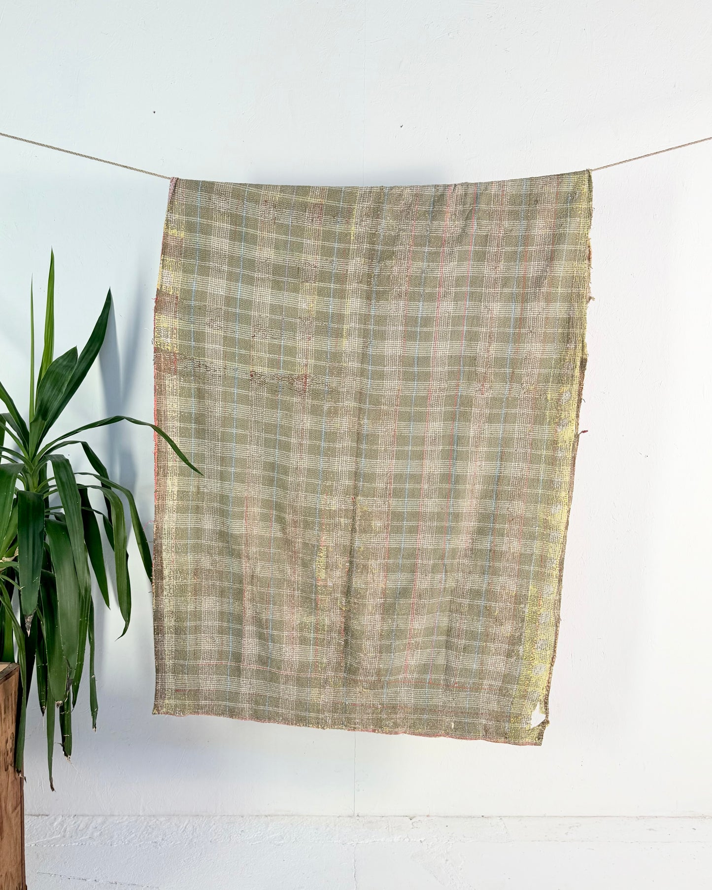 Project Kantha Quilt: Blue, Yellow and Green With Authentic Aged Texture
